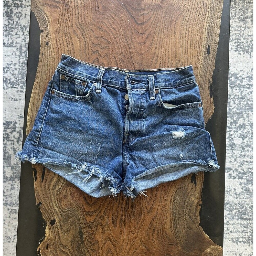 Levi's 501 Premium Cut Off Shorts Size 26 Blue Denim Distressed Button Fly
